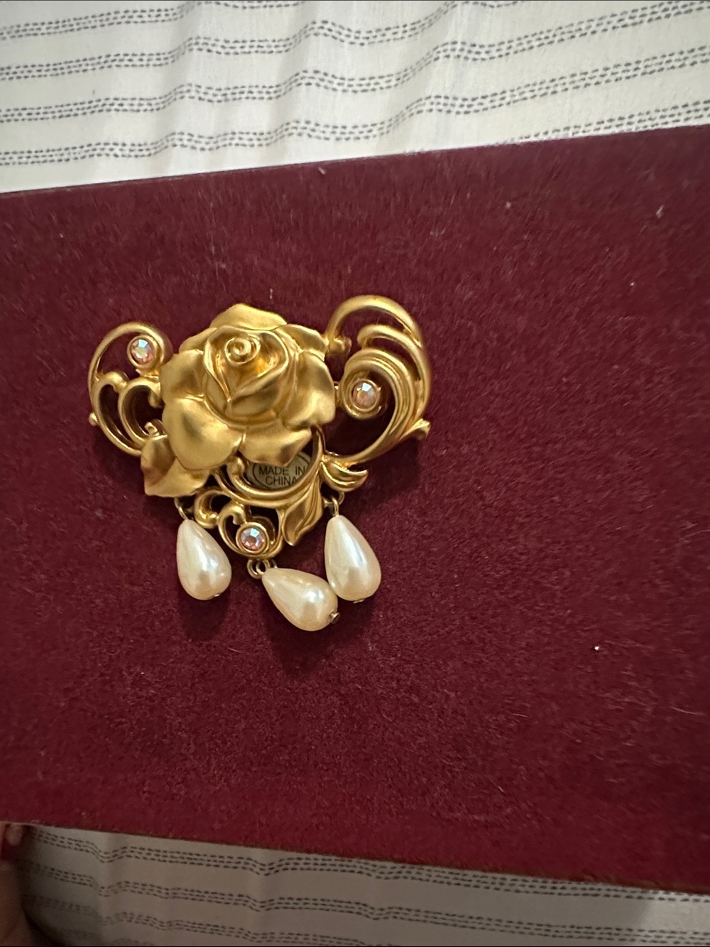 Avon Gold Rose Brooch with Pearl Drops